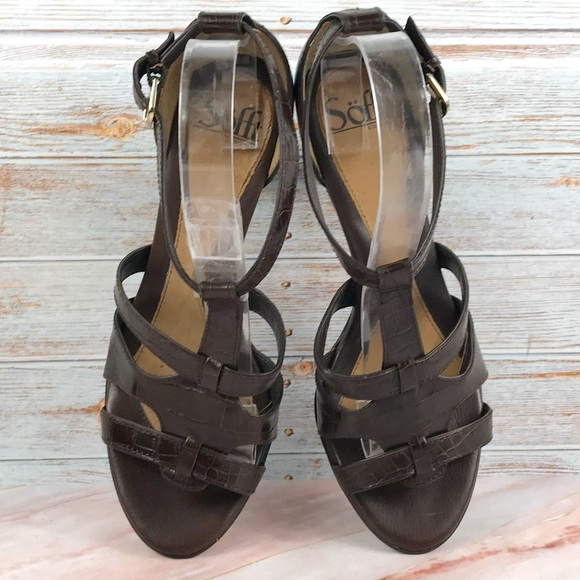 New listing!! Sofft Heeled Ankle-strap Sandal Brown Crocodile Embossed Leather - Picture 7 of 10